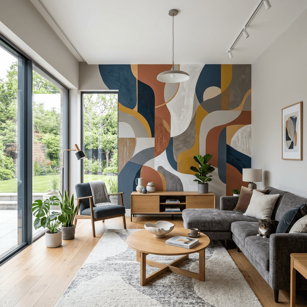 Living room with a gray sofa, abstract mural, wooden furniture, plants, and large windows